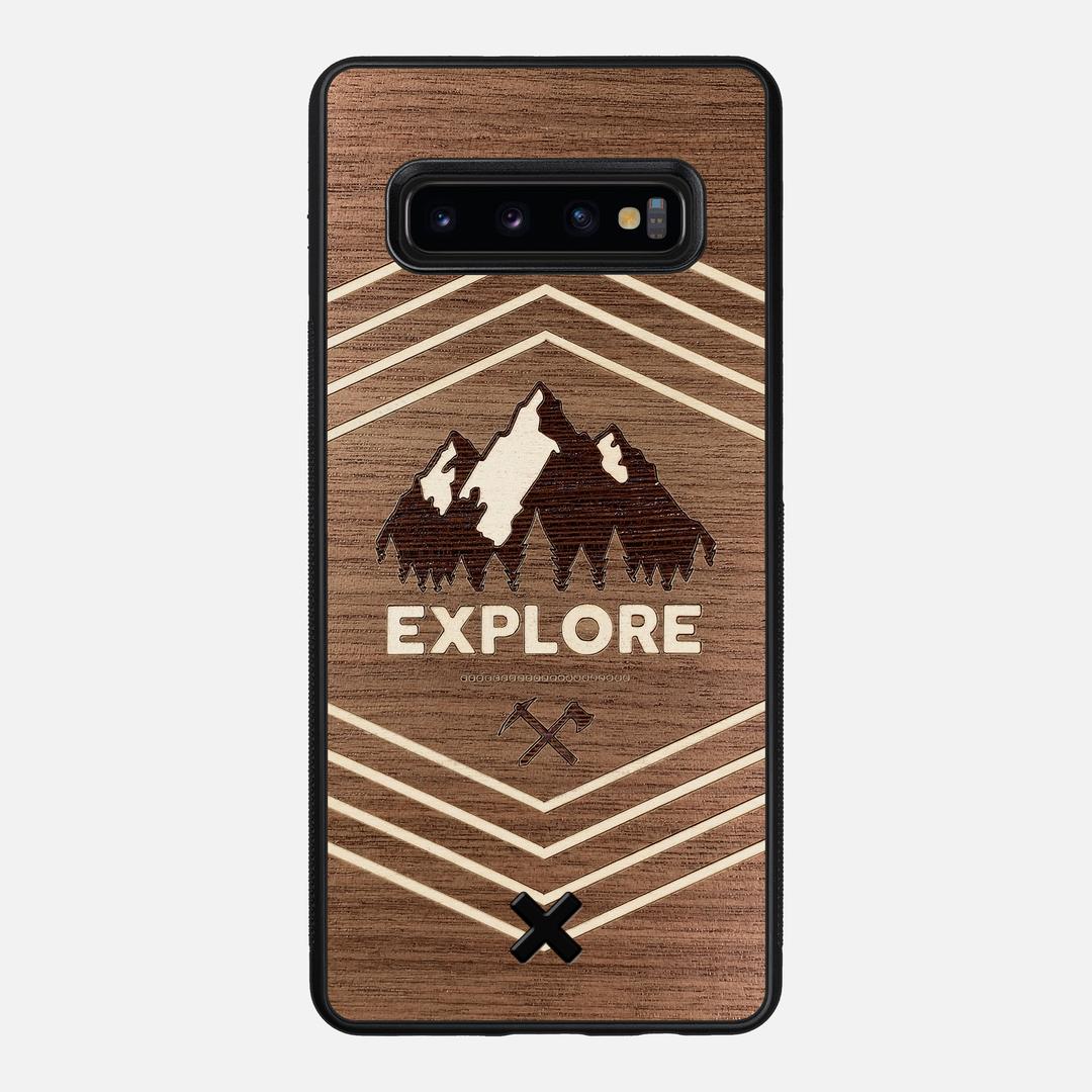 Explore Case for the Samsung Galaxy S10 Plus featuring a Wenge and Maple Mountain Range inlay on a Walnut Wood backer with the Keyway X Mark#Phone Model_Galaxy S10 Plus