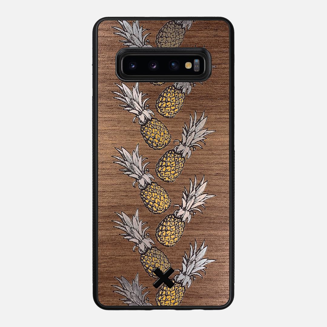 Pineapple Case for the Samsung Galaxy S10 Plus featuring a repeating gold and silver Pineapple inlay on a Walnut Wood backer with the Keyway X Mark#Phone Model_Galaxy S10 Plus