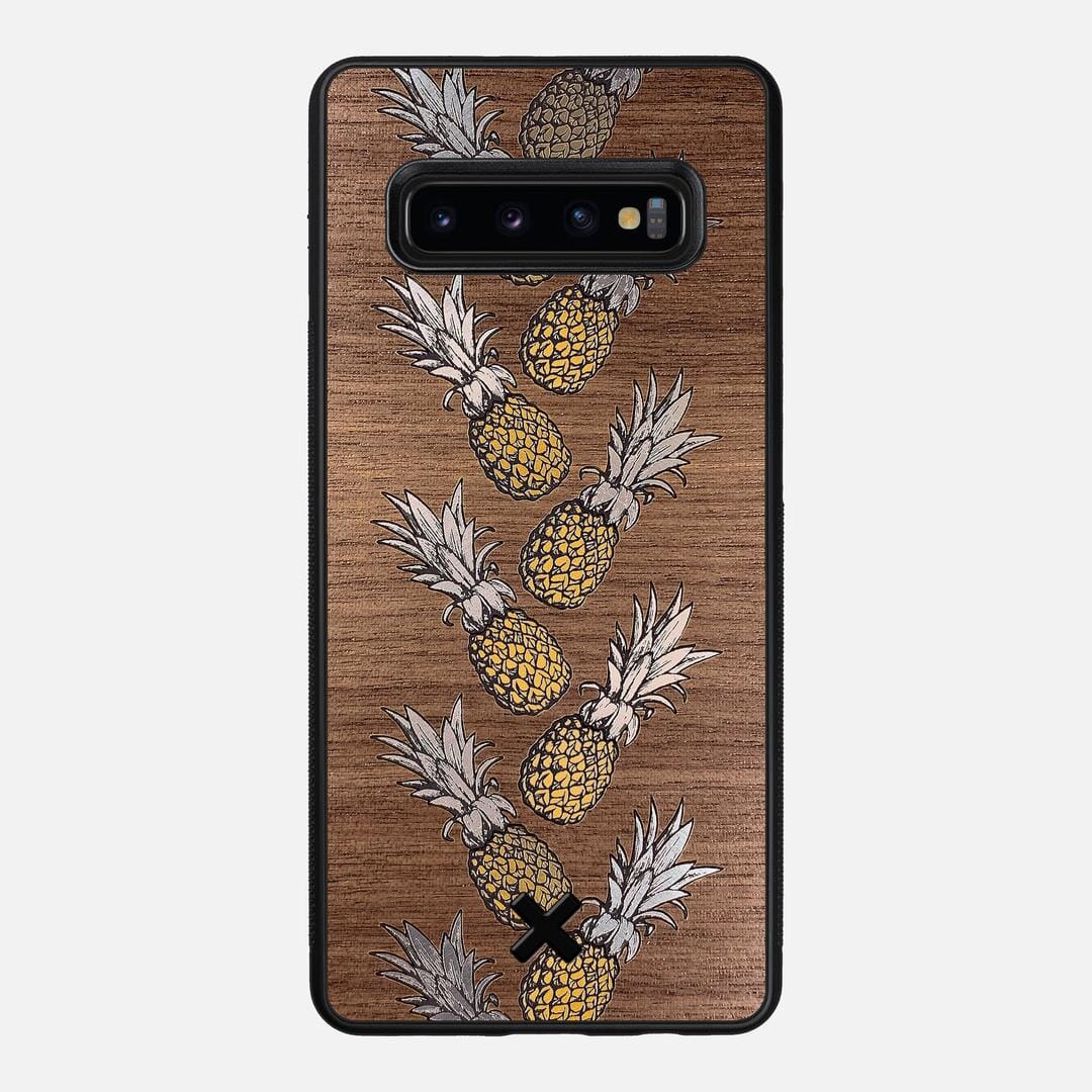 Pineapple Case for the Samsung Galaxy S10 Plus featuring a repeating gold and silver Pineapple inlay on a Walnut Wood backer with the Keyway X Mark#Phone Model_Galaxy S10 Plus