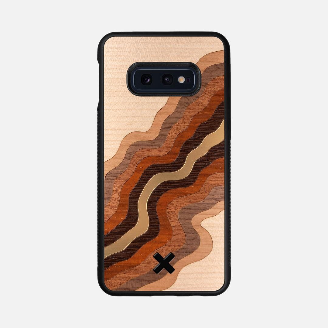 Canyon Case for the Samsung Galaxy S10e featuring a flowing Gold, Maple, Cherry, Walnut, Sapele, Padauk, and Wenge Wood backer with the Keyway X Mark#Phone Model_Galaxy S10e