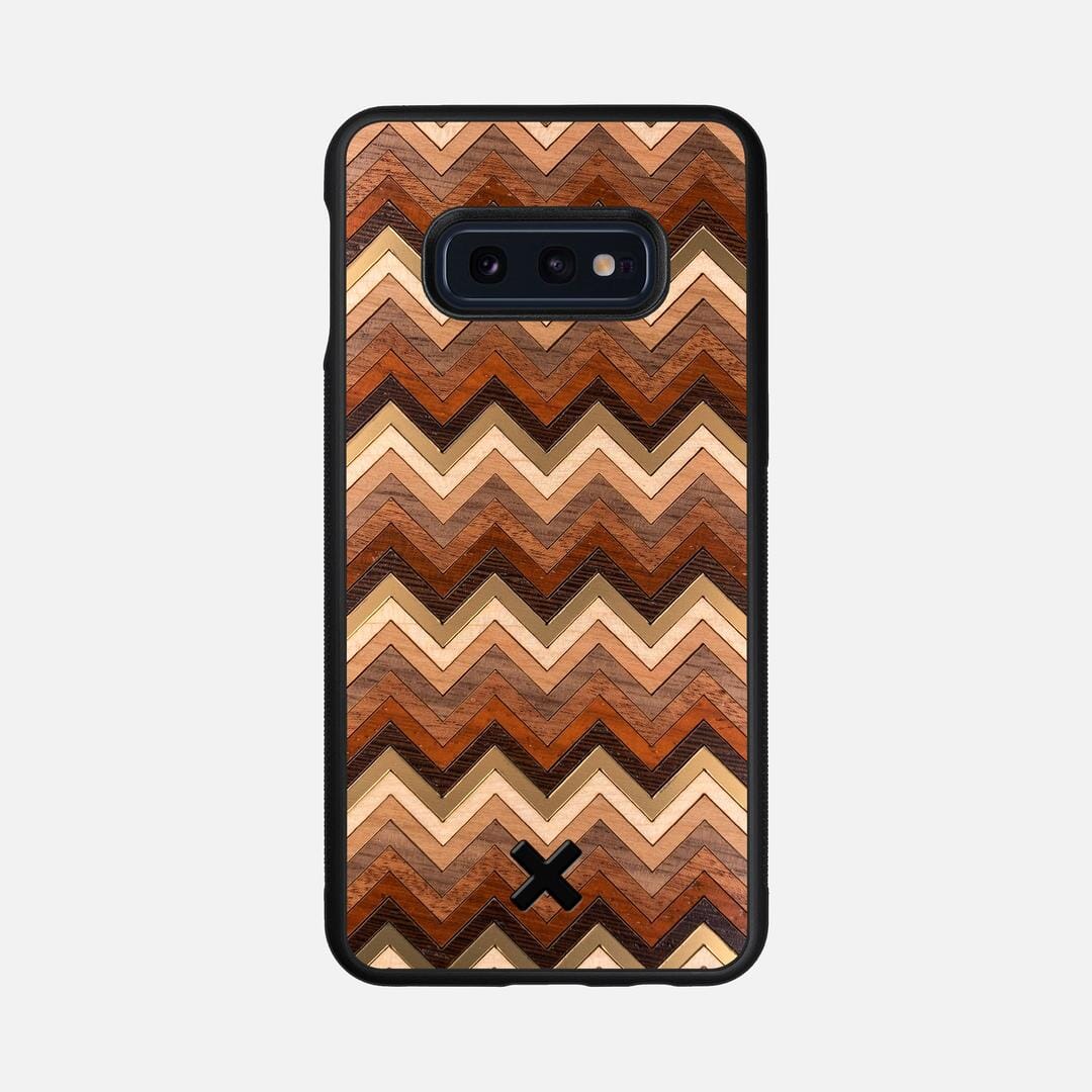Echo Case for the Samsung Galaxy S10e featuring a zigzag Gold, Maple, Cherry, Walnut, Sapele, Padauk, and Wenge Wood backer with the Keyway X Mark#Phone Model_Galaxy S10e