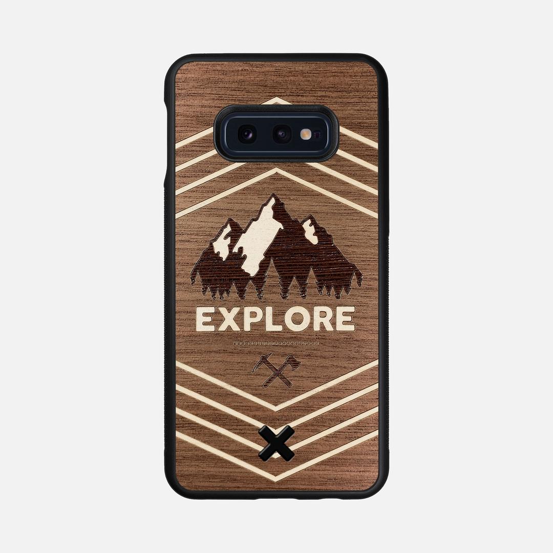 Explore Case for the Samsung Galaxy S10e featuring a Wenge and Maple Mountain Range inlay on a Walnut Wood backer with the Keyway X Mark#Phone Model_Galaxy S10e