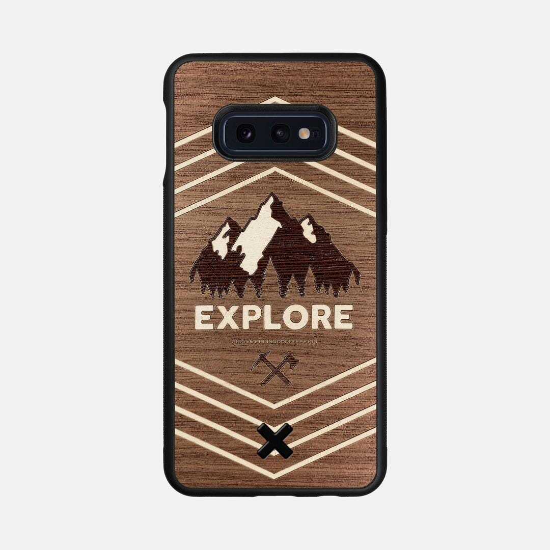 Explore Case for the Samsung Galaxy S10e featuring a Wenge and Maple Mountain Range inlay on a Walnut Wood backer with the Keyway X Mark#Phone Model_Galaxy S10e