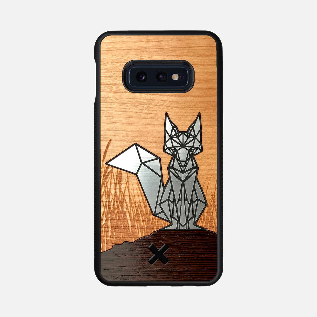 Silver Fox Case for the Samsung Galaxy S10e featuring an Engraved Silver, Cherry, and Wenge Wood backer with the Keyway X Mark#Phone Model_Galaxy S10e