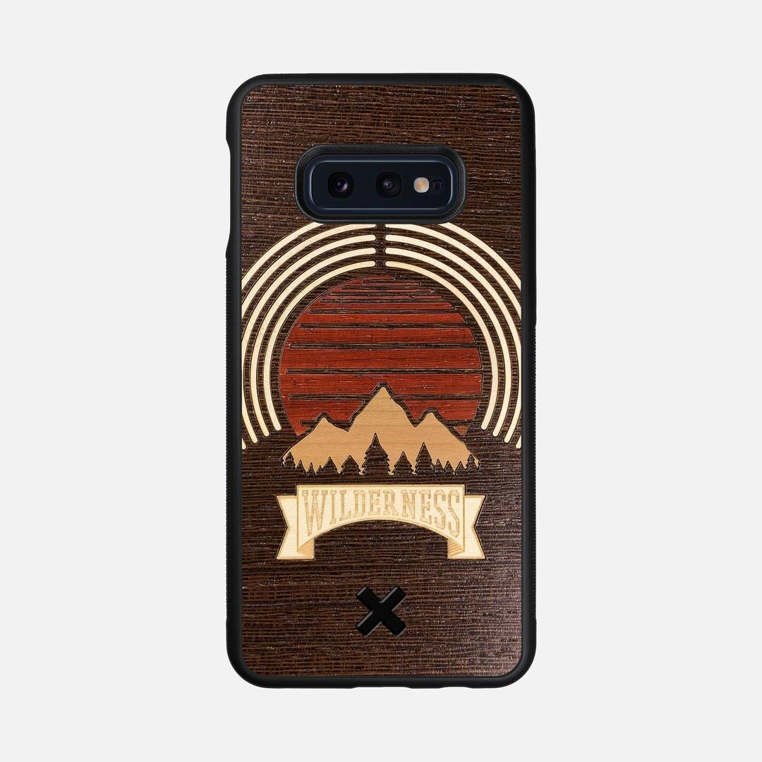 Wilderness Case for the Samsung Galaxy S10e featuring a Maple, Padauk, and Cherry Sunset inlay on a Wenge Wood backer with the Keyway X Mark#Phone Model_Galaxy S10e