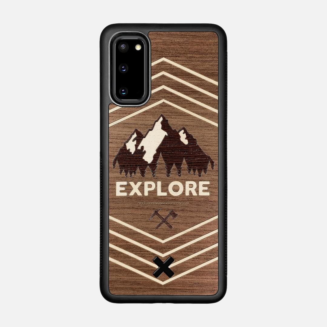 Explore Case for the Samsung Galaxy S20 featuring a Wenge and Maple Mountain Range inlay on a Walnut Wood backer with the Keyway X Mark#Phone Model_Galaxy S20