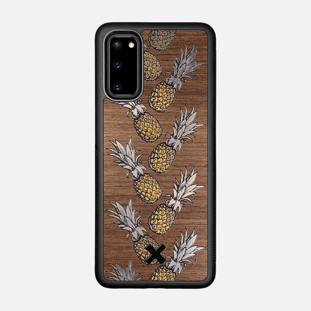 Pineapple Case for the Samsung Galaxy S20 featuring a repeating gold and silver Pineapple inlay on a Walnut Wood backer with the Keyway X Mark#Phone Model_Galaxy S20