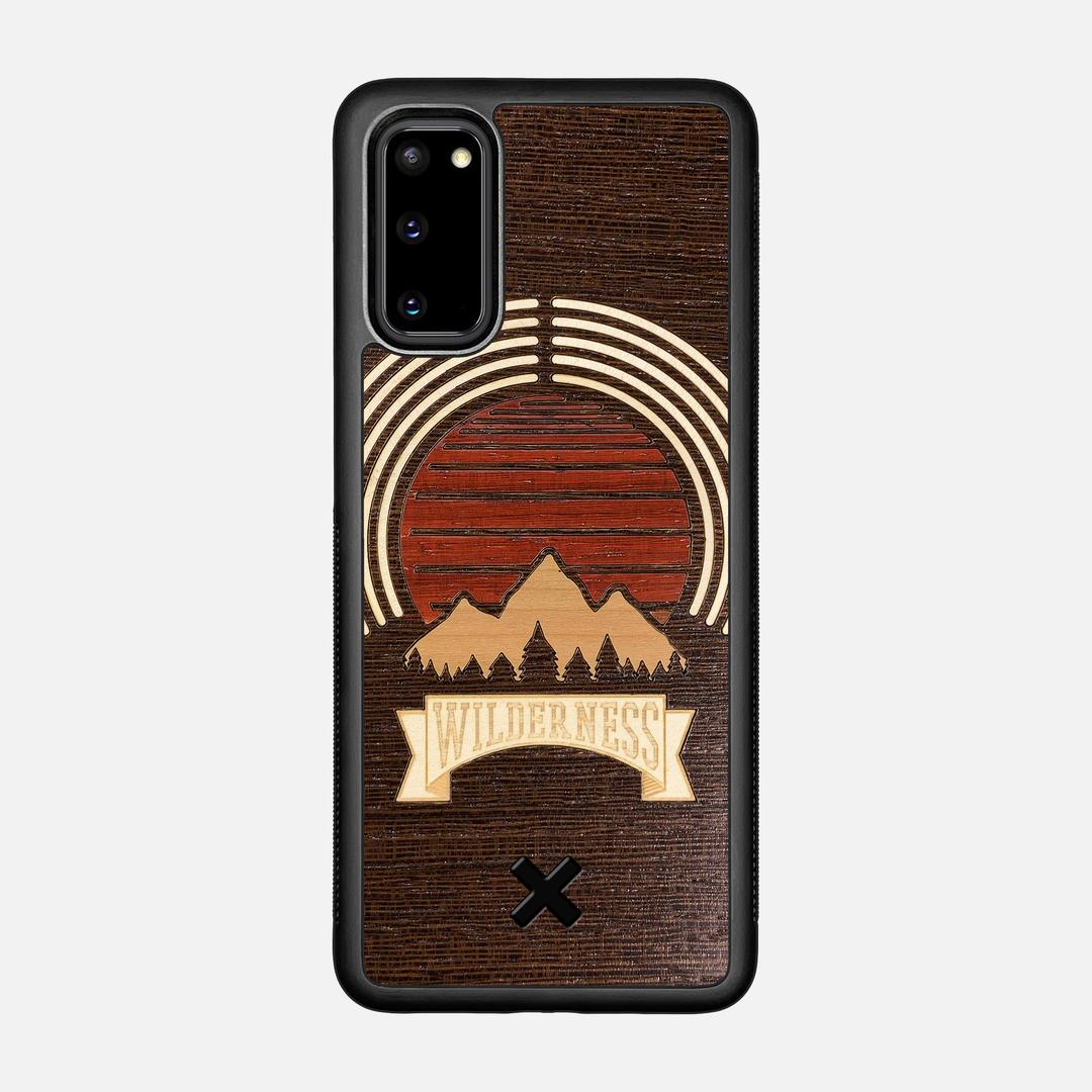 Wilderness Case for the Samsung Galaxy S20 featuring a Maple, Padauk, and Cherry Sunset inlay on a Wenge Wood backer with the Keyway X Mark#Phone Model_Galaxy S20