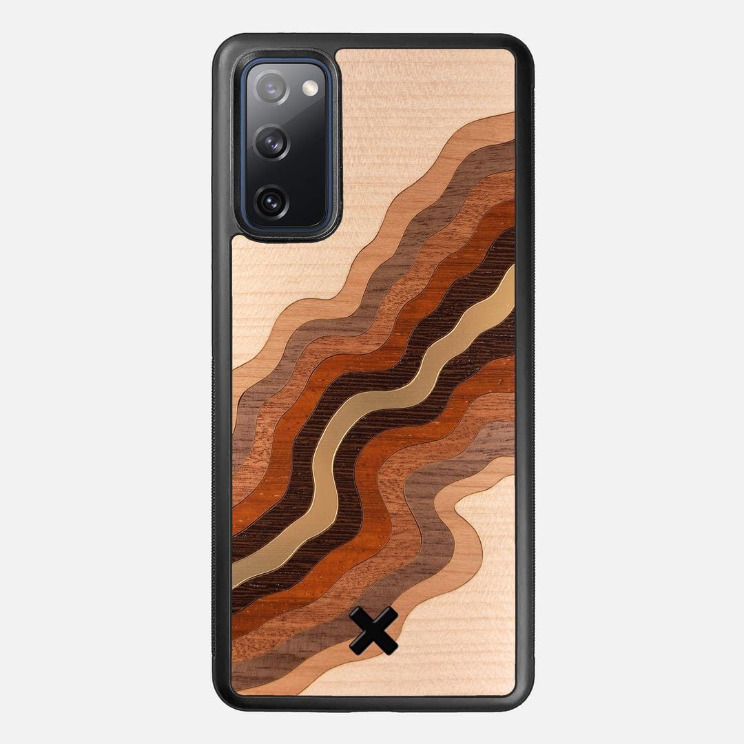 Canyon Case for the Samsung Galaxy S20 FE featuring a flowing Gold, Maple, Cherry, Walnut, Sapele, Padauk, and Wenge Wood backer with the Keyway X Mark#Phone Model_Galaxy S20 FE