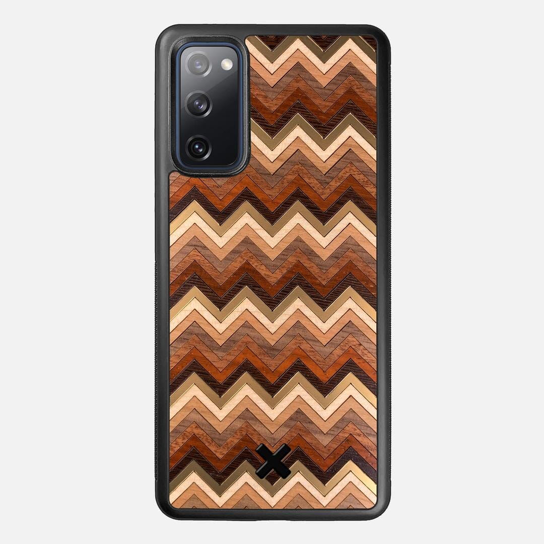 Echo Case for the Samsung Galaxy S20 FE featuring a zigzag Gold, Maple, Cherry, Walnut, Sapele, Padauk, and Wenge Wood backer with the Keyway X Mark#Phone Model_Galaxy S20 FE
