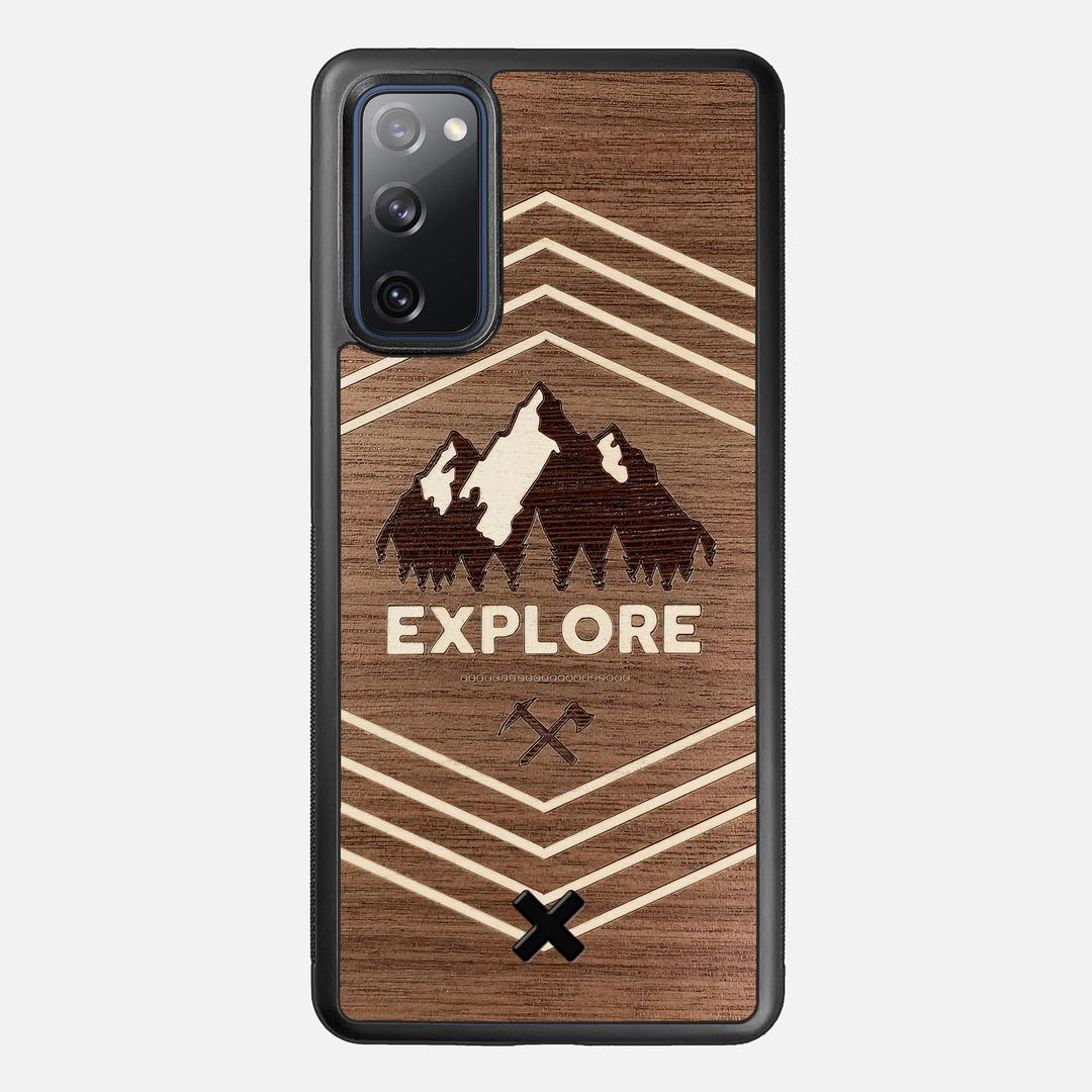 Explore Case for the Samsung Galaxy S20 FE featuring a Wenge and Maple Mountain Range inlay on a Walnut Wood backer with the Keyway X Mark#Phone Model_Galaxy S20 FE