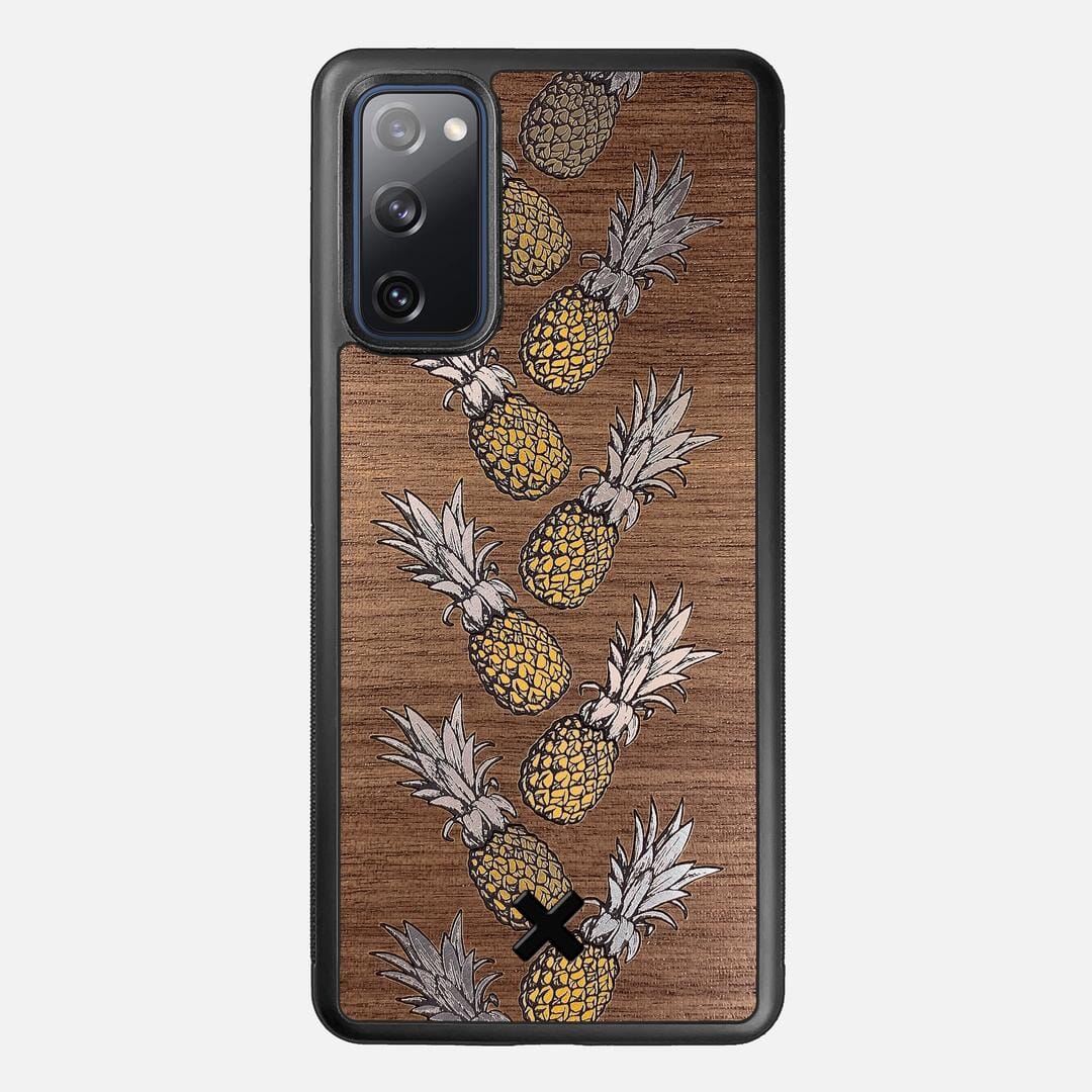 Pineapple Case for the Samsung Galaxy S20 FE featuring a repeating gold and silver Pineapple inlay on a Walnut Wood backer with the Keyway X Mark#Phone Model_Galaxy S20 FE
