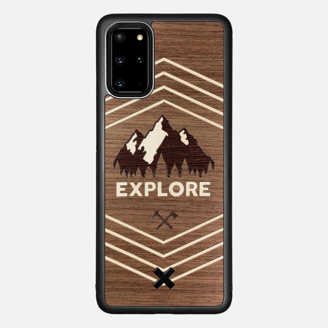 Explore Case for the Samsung Galaxy S20 Plus featuring a Wenge and Maple Mountain Range inlay on a Walnut Wood backer with the Keyway X Mark#Phone Model_Galaxy S20 Plus