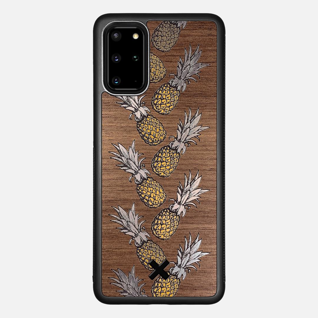 Pineapple Case for the Samsung Galaxy S20 Plus featuring a repeating gold and silver Pineapple inlay on a Walnut Wood backer with the Keyway X Mark#Phone Model_Galaxy S20 Plus