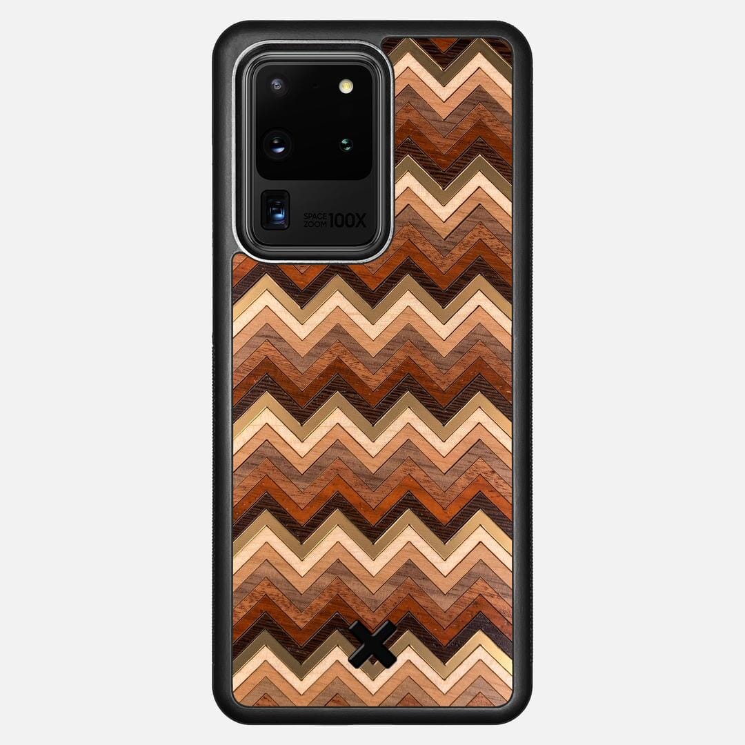 Echo Case for the Samsung Galaxy S20 Ultra featuring a zigzag Gold, Maple, Cherry, Walnut, Sapele, Padauk, and Wenge Wood backer with the Keyway X Mark#Phone Model_Galaxy S20 Ultra