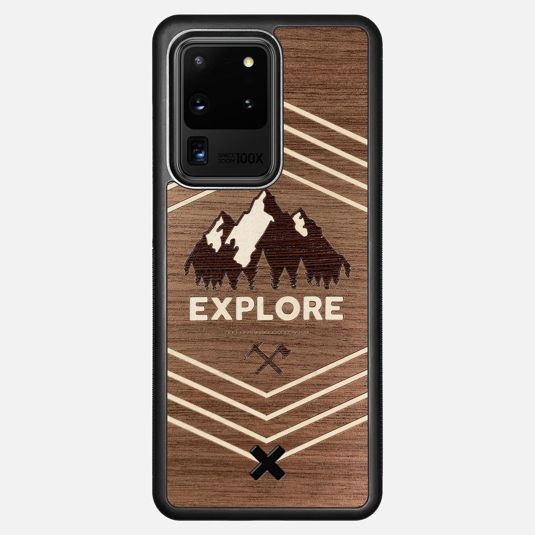 Explore Case for the Samsung Galaxy S20 Ultra featuring a Wenge and Maple Mountain Range inlay on a Walnut Wood backer with the Keyway X Mark#Phone Model_Galaxy S20 Ultra