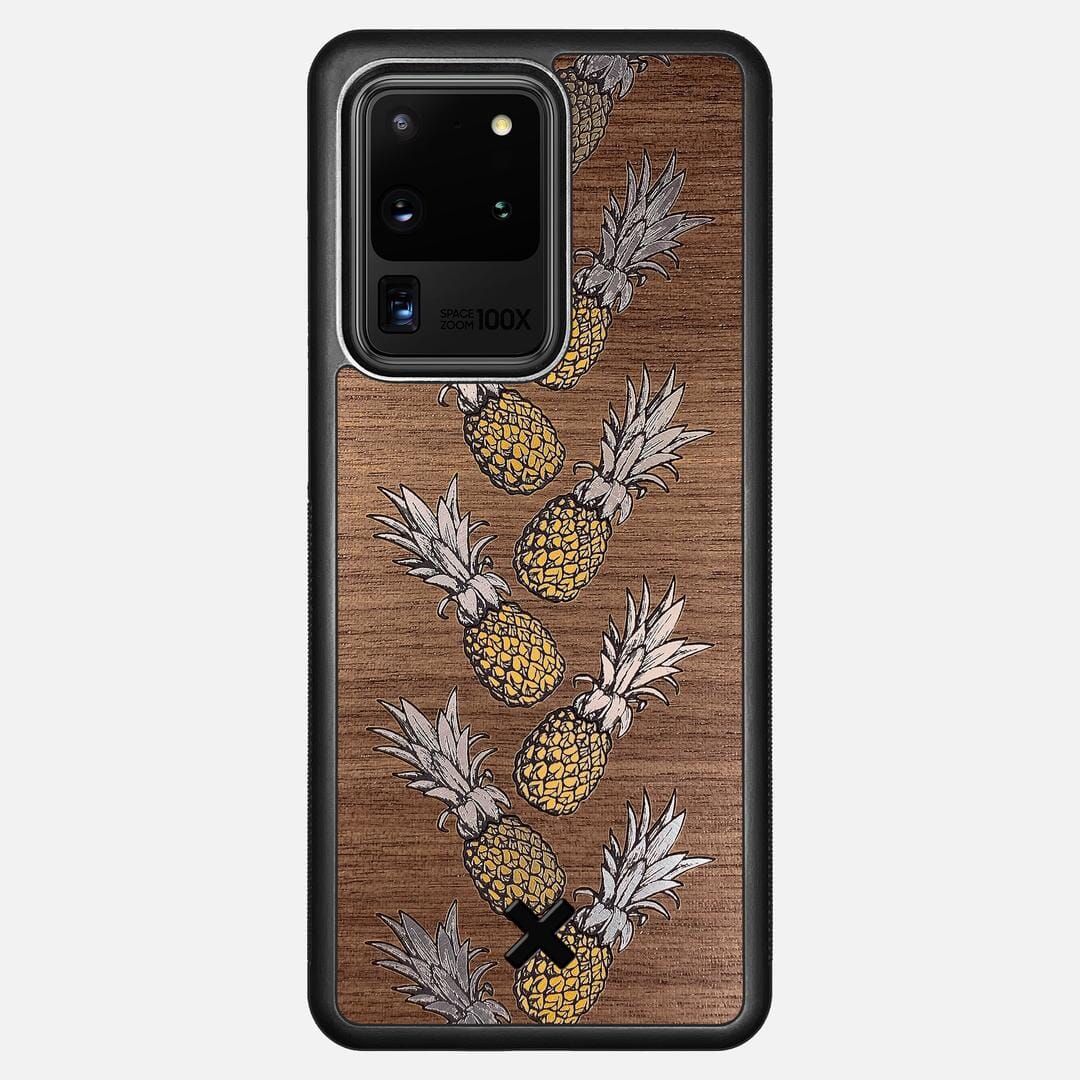 Pineapple Case for the Samsung Galaxy S20 Ultra featuring a repeating gold and silver Pineapple inlay on a Walnut Wood backer with the Keyway X Mark#Phone Model_Galaxy S20 Ultra