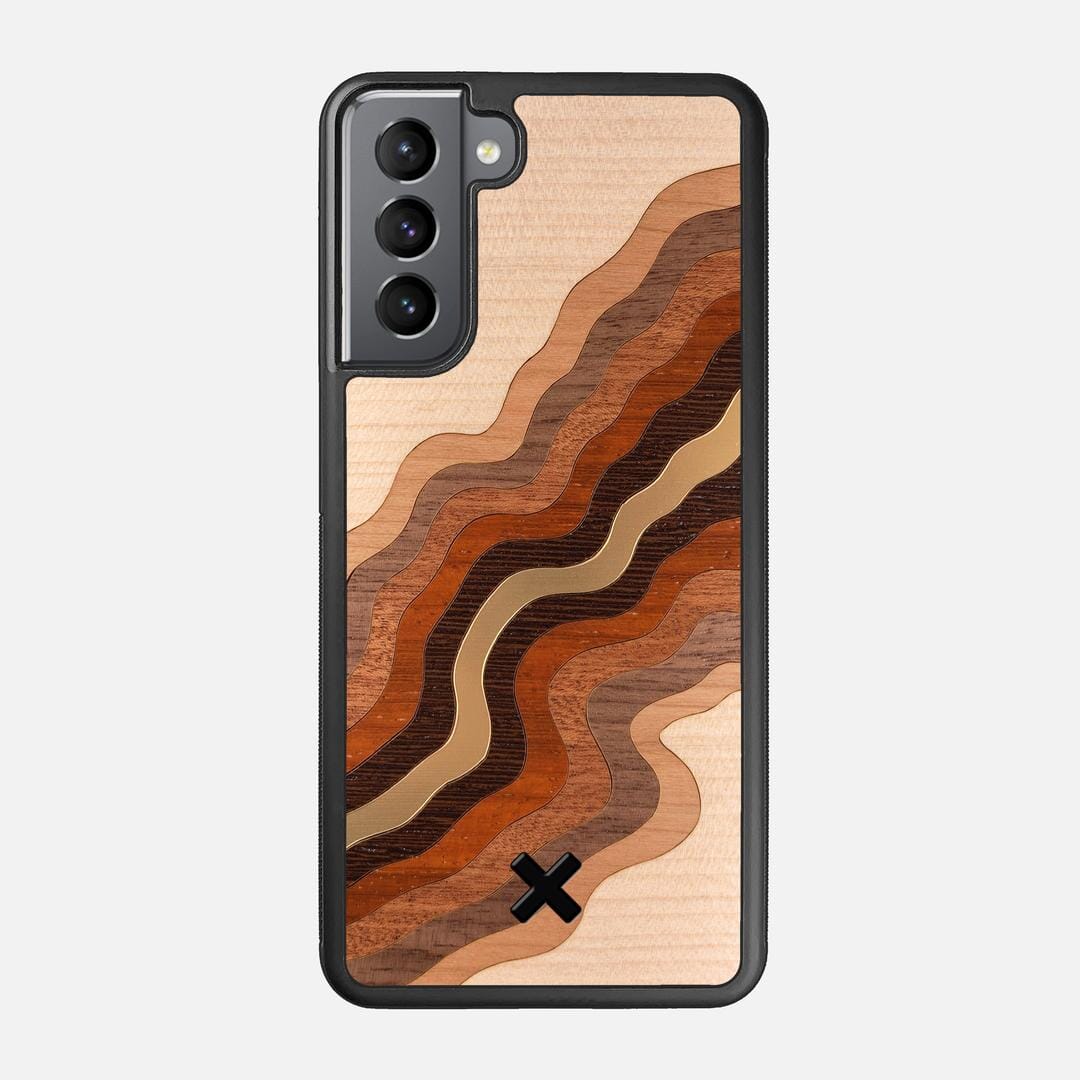 Canyon Case for the Samsung Galaxy S21 featuring a flowing Gold, Maple, Cherry, Walnut, Sapele, Padauk, and Wenge Wood backer with the Keyway X Mark#Phone Model_Galaxy S21