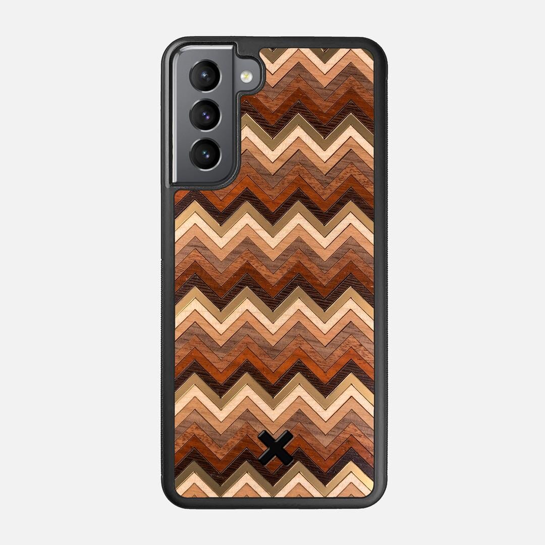 Echo Case for the Samsung Galaxy S21 featuring a zigzag Gold, Maple, Cherry, Walnut, Sapele, Padauk, and Wenge Wood backer with the Keyway X Mark#Phone Model_Galaxy S21