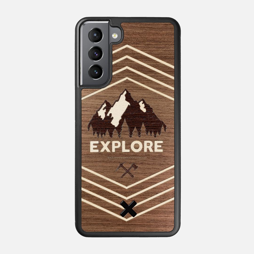 Explore Case for the Samsung Galaxy S21 featuring a Wenge and Maple Mountain Range inlay on a Walnut Wood backer with the Keyway X Mark#Phone Model_Galaxy S21