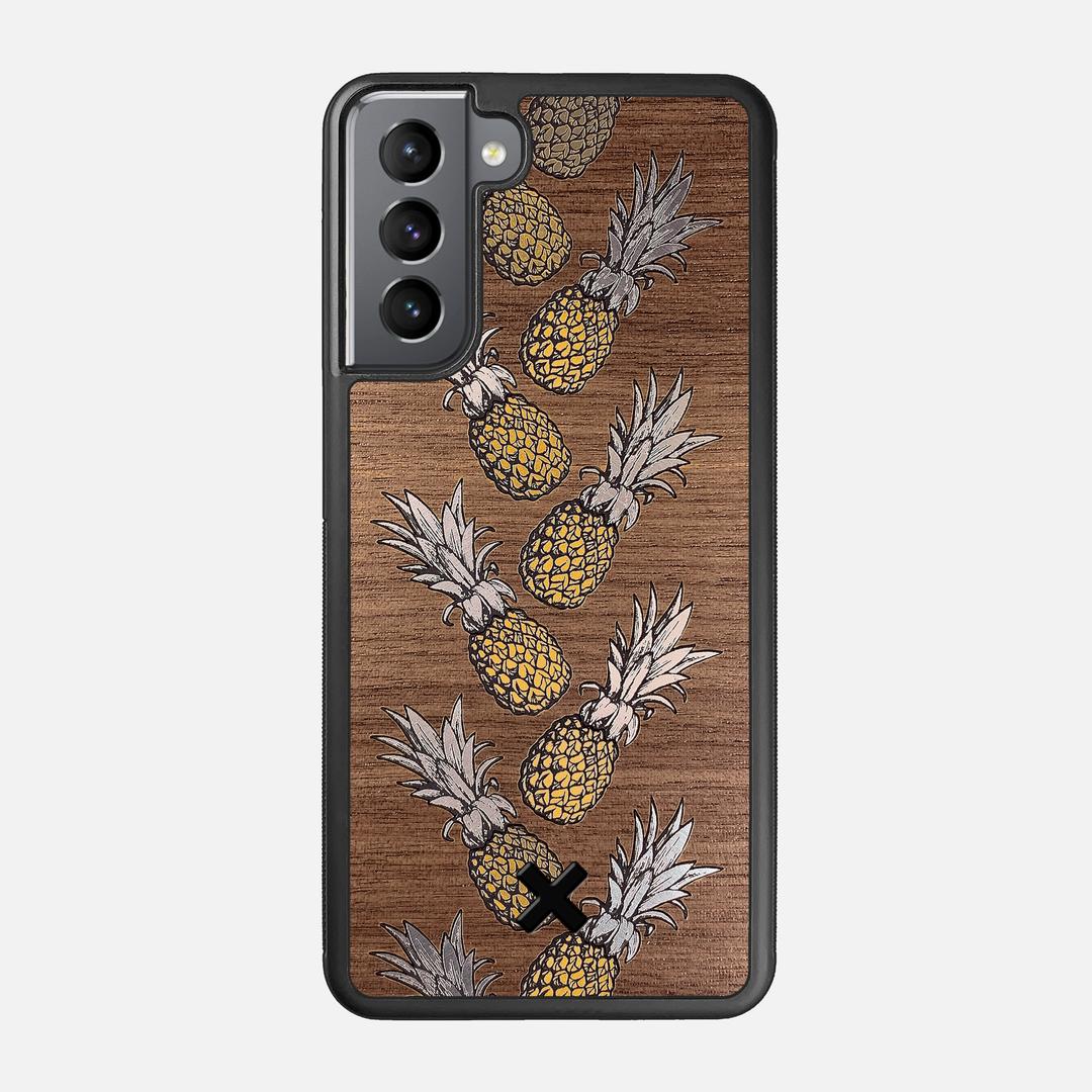 Pineapple Case for the Samsung Galaxy S21 featuring a repeating gold and silver Pineapple inlay on a Walnut Wood backer with the Keyway X Mark#Phone Model_Galaxy S21