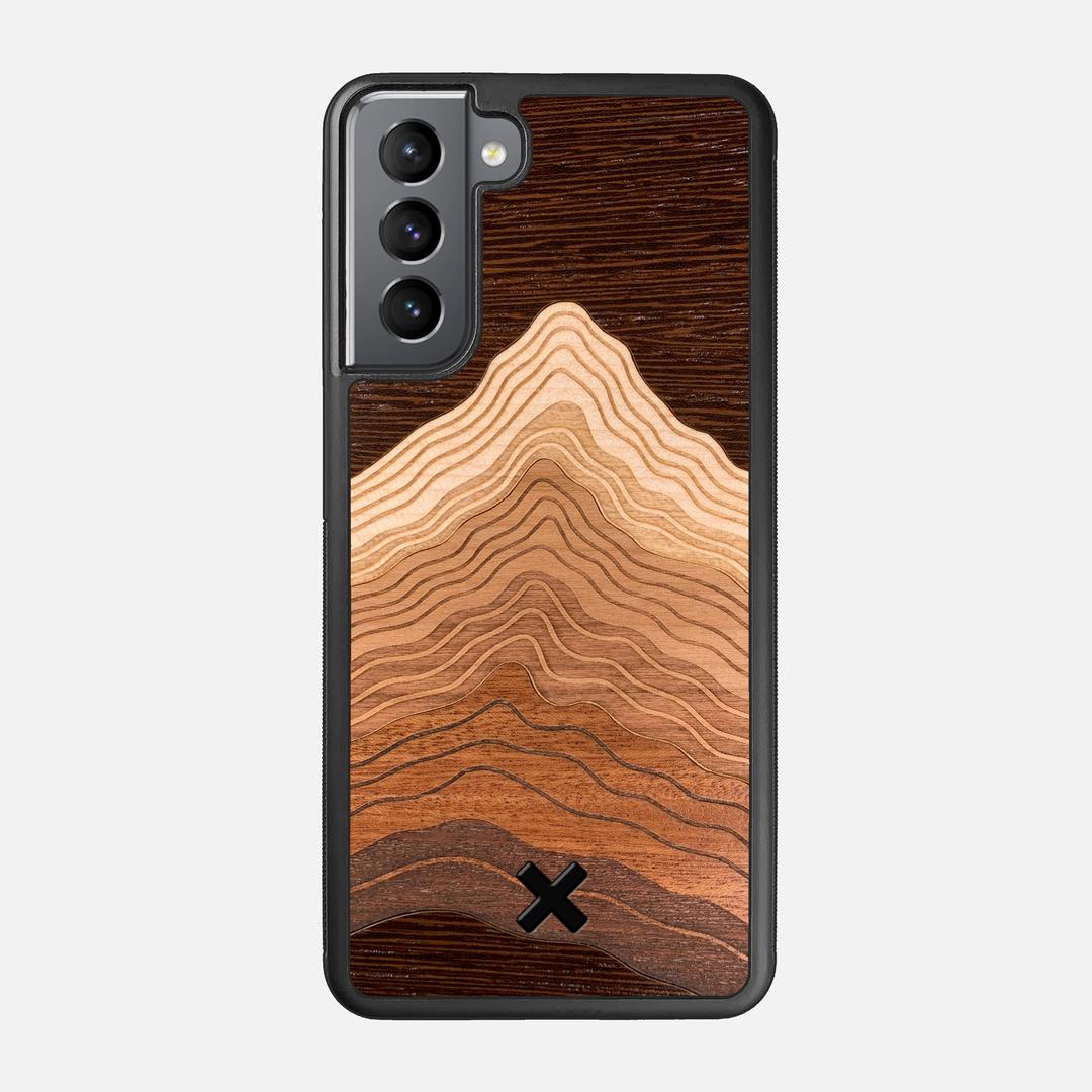 Summit Case for the Samsung Galaxy S21 featuring a mountain of Wenge, Maple, Cherry, and Sapele Wood backer with the Keyway X Mark#Phone Model_Galaxy S21