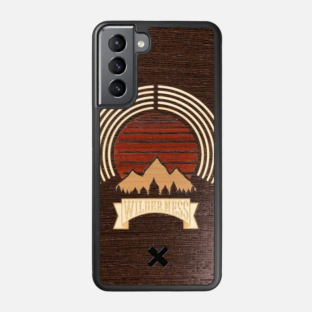 Wilderness Case for the Samsung Galaxy S21 featuring a Maple, Padauk, and Cherry Sunset inlay on a Wenge Wood backer with the Keyway X Mark#Phone Model_Galaxy S21