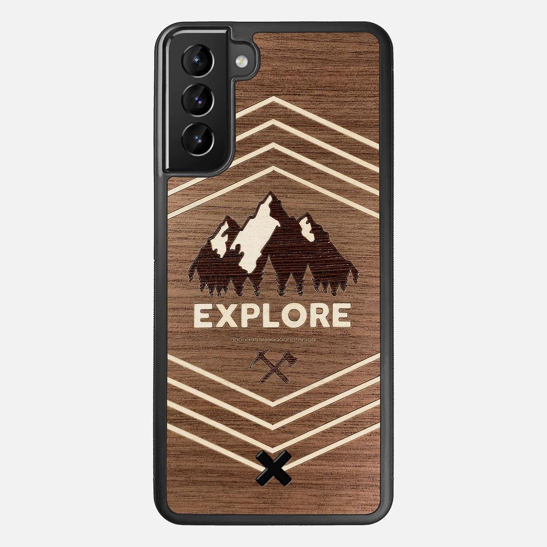 Explore Case for the Samsung Galaxy S21 Plus featuring a Wenge and Maple Mountain Range inlay on a Walnut Wood backer with the Keyway X Mark#Phone Model_Galaxy S21 Plus
