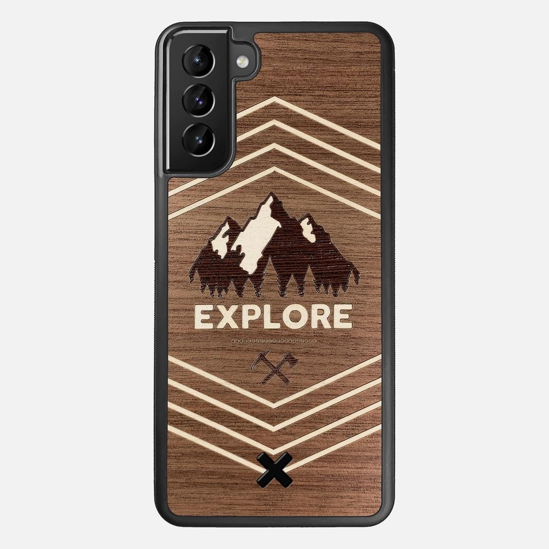 Explore Case for the Samsung Galaxy S21 Plus featuring a Wenge and Maple Mountain Range inlay on a Walnut Wood backer with the Keyway X Mark#Phone Model_Galaxy S21 Plus
