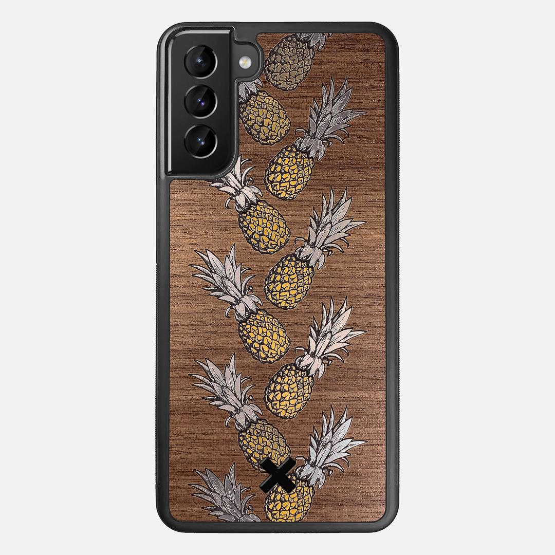 Pineapple Case for the Samsung Galaxy S21 Plus featuring a repeating gold and silver Pineapple inlay on a Walnut Wood backer with the Keyway X Mark#Phone Model_Galaxy S21 Plus