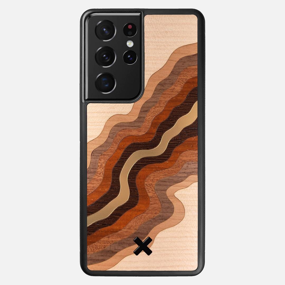 Canyon Case for the Samsung Galaxy S21 Ultra featuring a flowing Gold, Maple, Cherry, Walnut, Sapele, Padauk, and Wenge Wood backer with the Keyway X Mark#Phone Model_Galaxy S21 Ultra