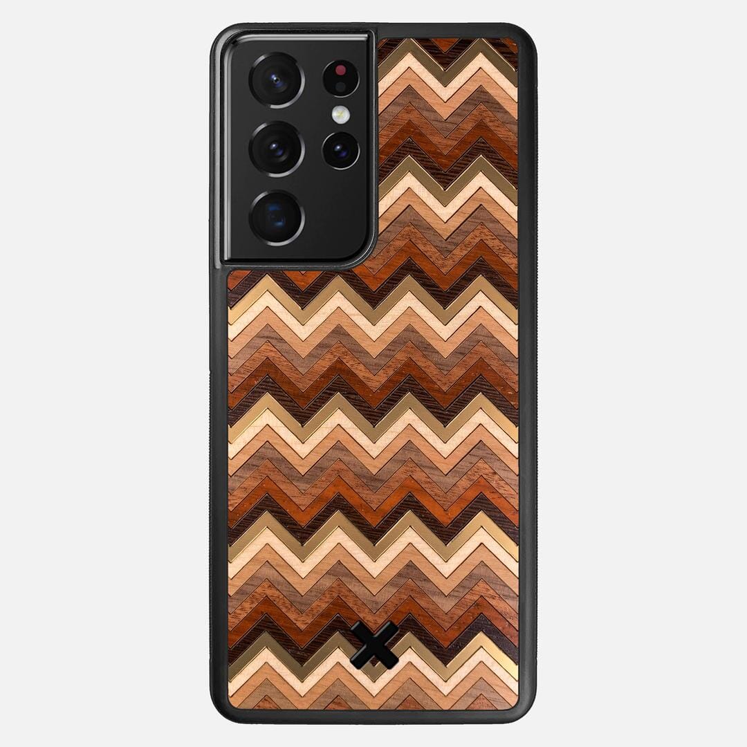 Echo Case for the Samsung Galaxy S21 Ultra featuring a zigzag Gold, Maple, Cherry, Walnut, Sapele, Padauk, and Wenge Wood backer with the Keyway X Mark#Phone Model_Galaxy S21 Ultra