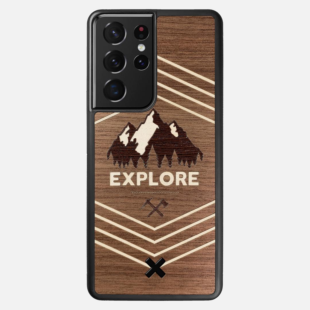 Explore Case for the Samsung Galaxy S21 Ultra featuring a Wenge and Maple Mountain Range inlay on a Walnut Wood backer with the Keyway X Mark#Phone Model_Galaxy S21 Ultra