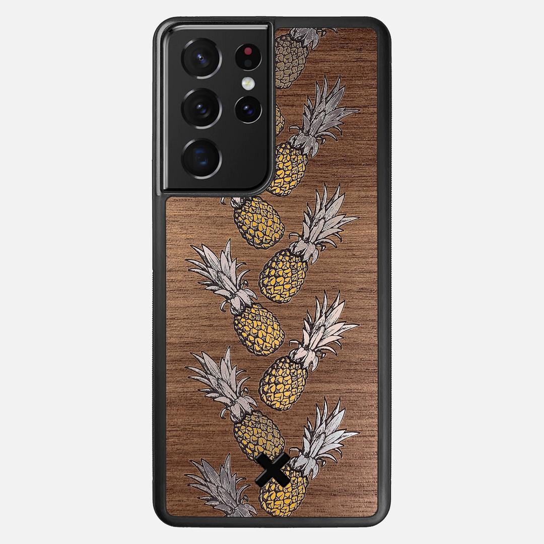Pineapple Case for the Samsung Galaxy S21 Ultra featuring a repeating gold and silver Pineapple inlay on a Walnut Wood backer with the Keyway X Mark#Phone Model_Galaxy S21 Ultra