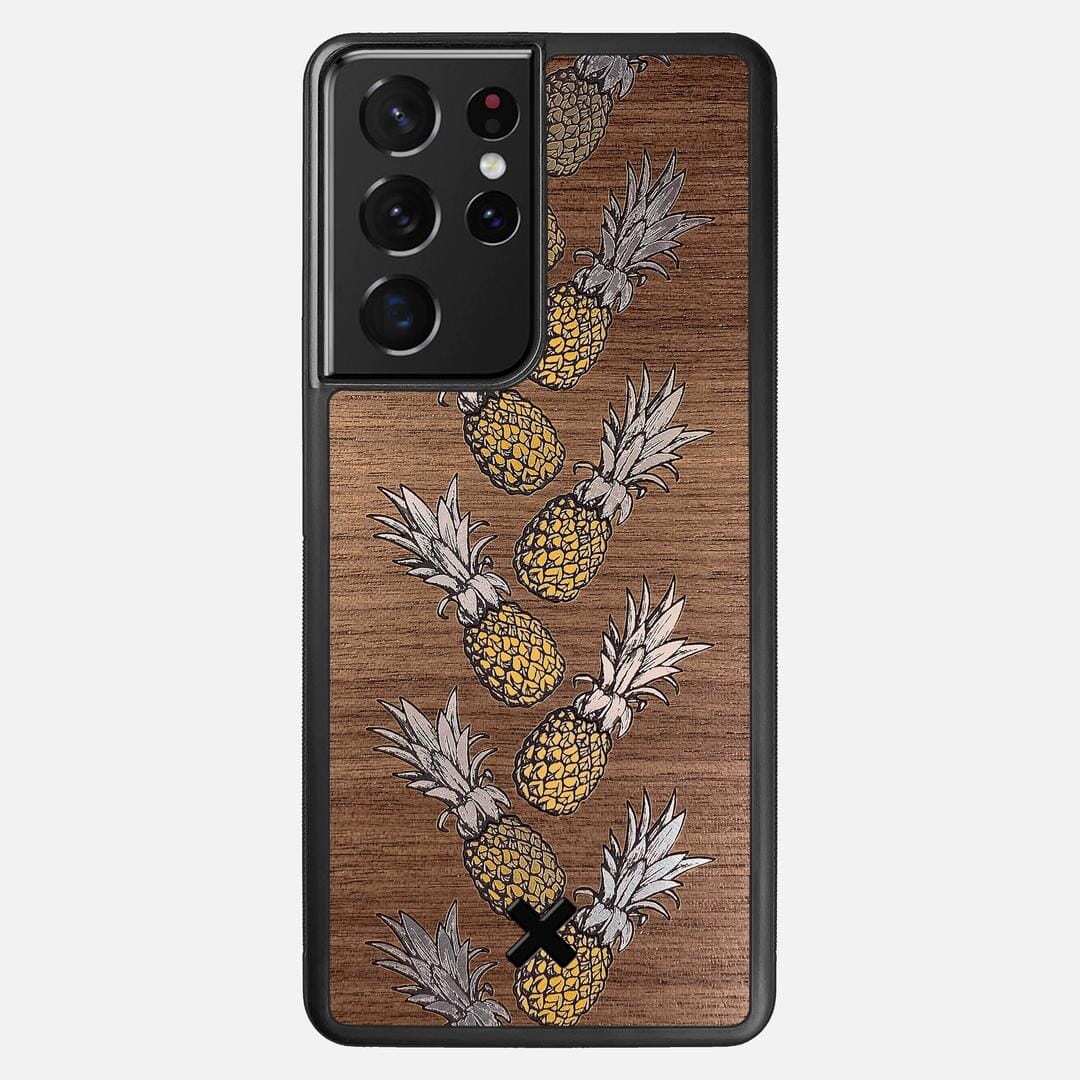 Pineapple Case for the Samsung Galaxy S21 Ultra featuring a repeating gold and silver Pineapple inlay on a Walnut Wood backer with the Keyway X Mark#Phone Model_Galaxy S21 Ultra
