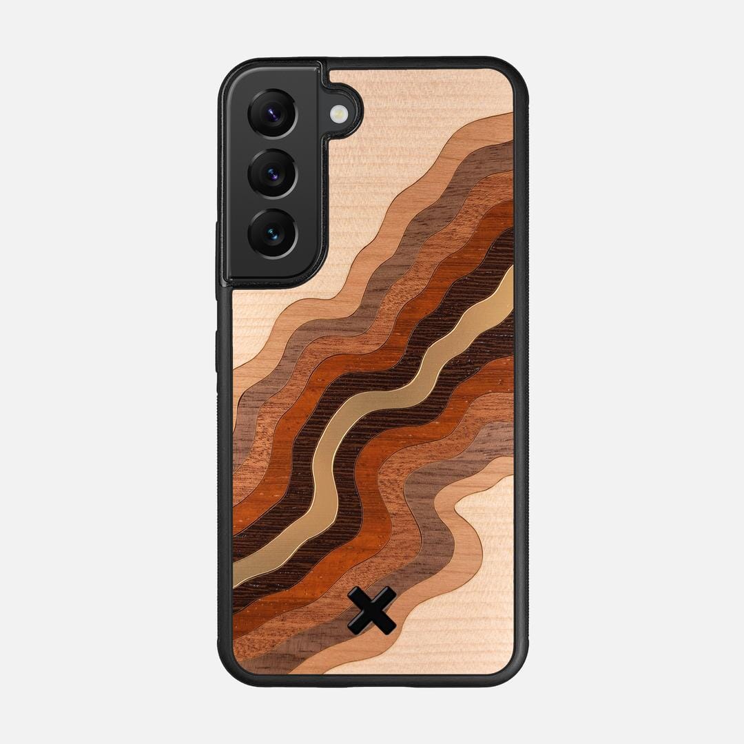 Canyon Case for the Samsung Galaxy S22 featuring a flowing Gold, Maple, Cherry, Walnut, Sapele, Padauk, and Wenge Wood backer with the Keyway X Mark#Phone Model_Galaxy S22
