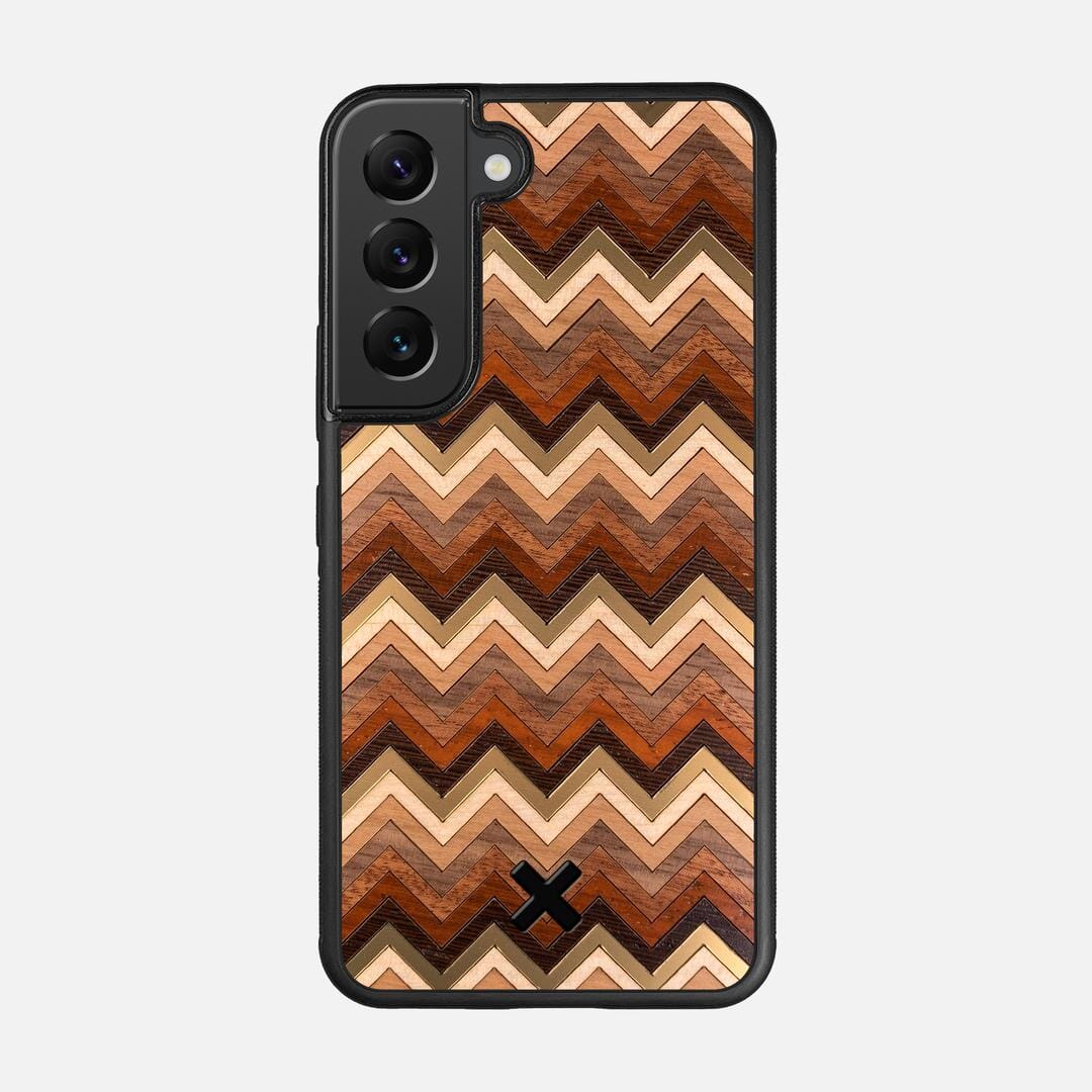 Echo Case for the Samsung Galaxy S22 featuring a zigzag Gold, Maple, Cherry, Walnut, Sapele, Padauk, and Wenge Wood backer with the Keyway X Mark#Phone Model_Galaxy S22