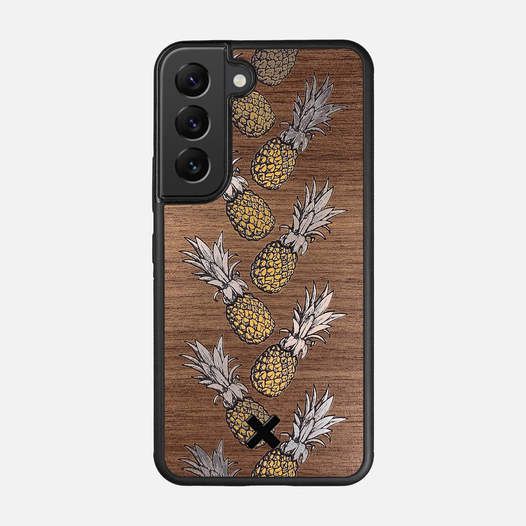 Pineapple Case for the Samsung Galaxy S22 featuring a repeating gold and silver Pineapple inlay on a Walnut Wood backer with the Keyway X Mark#Phone Model_Galaxy S22