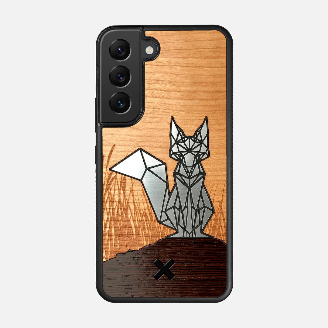 Silver Fox Case for the Samsung Galaxy S22 featuring an Engraved Silver, Cherry, and Wenge Wood backer with the Keyway X Mark#Phone Model_Galaxy S22