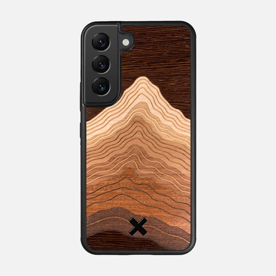 Summit Case for the Samsung Galaxy S22 featuring a mountain of Wenge, Maple, Cherry, and Sapele Wood backer with the Keyway X Mark#Phone Model_Galaxy S22