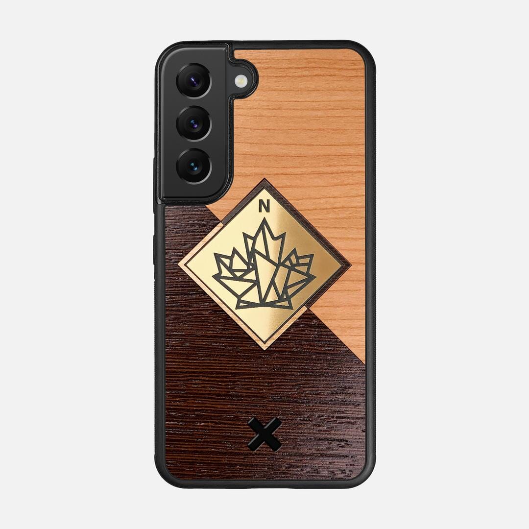 True North Case for the Samsung Galaxy S22 featuring an Engraved Gold, Cherry, and Wenge Wood backer with the Keyway X Mark#Phone Model_Galaxy S22