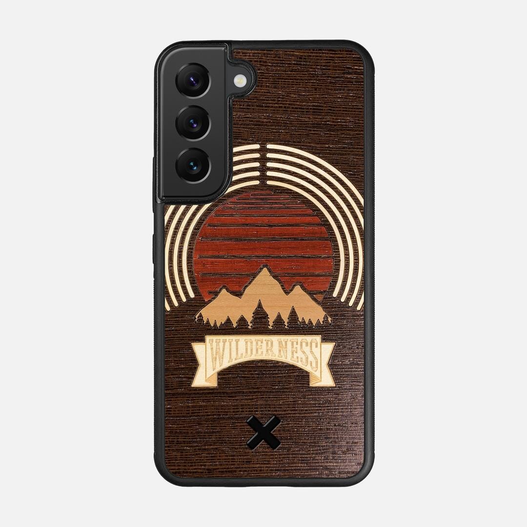 Wilderness Case for the Samsung Galaxy S22 featuring a Maple, Padauk, and Cherry Sunset inlay on a Wenge Wood backer with the Keyway X Mark#Phone Model_Galaxy S22