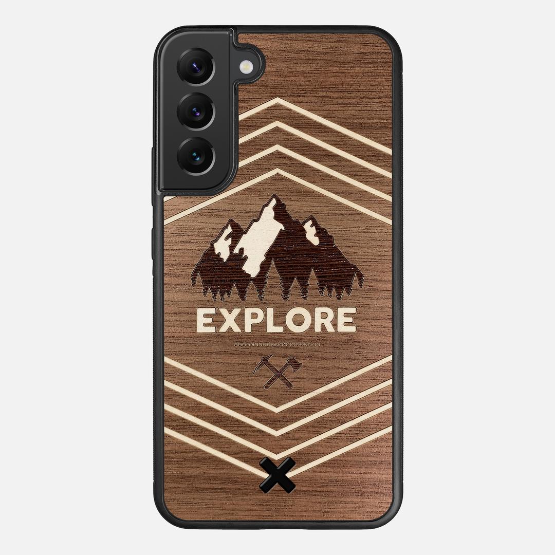 Explore Case for the Samsung Galaxy S22 Plus featuring a Wenge and Maple Mountain Range inlay on a Walnut Wood backer with the Keyway X Mark#Phone Model_Galaxy S22 Plus