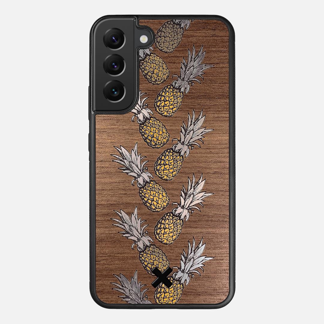 Pineapple Case for the Samsung Galaxy S22 Plus featuring a repeating gold and silver Pineapple inlay on a Walnut Wood backer with the Keyway X Mark#Phone Model_Galaxy S22 Plus