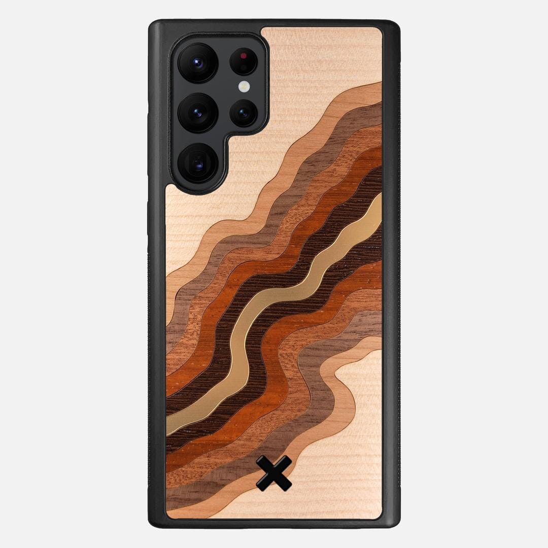 Canyon Case for the Samsung Galaxy S22 Ultra featuring a flowing Gold, Maple, Cherry, Walnut, Sapele, Padauk, and Wenge Wood backer with the Keyway X Mark#Phone Model_Galaxy S22 Ultra