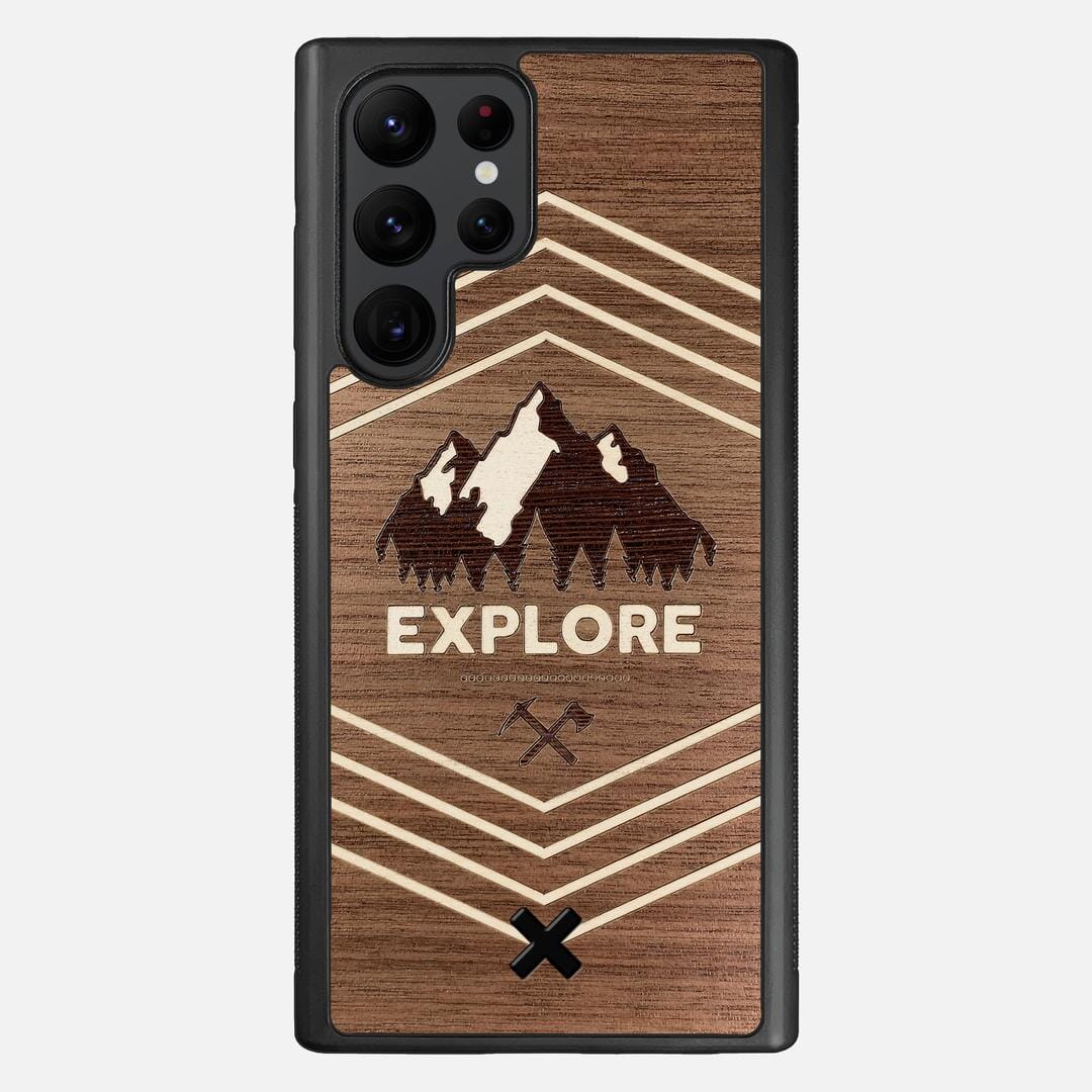 Explore Case for the Samsung Galaxy S22 Ultra featuring a Wenge and Maple Mountain Range inlay on a Walnut Wood backer with the Keyway X Mark#Phone Model_Galaxy S22 Ultra