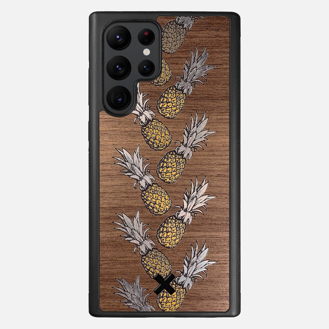 Pineapple Case for the Samsung Galaxy S22 Ultra featuring a repeating gold and silver Pineapple inlay on a Walnut Wood backer with the Keyway X Mark#Phone Model_Galaxy S22 Ultra
