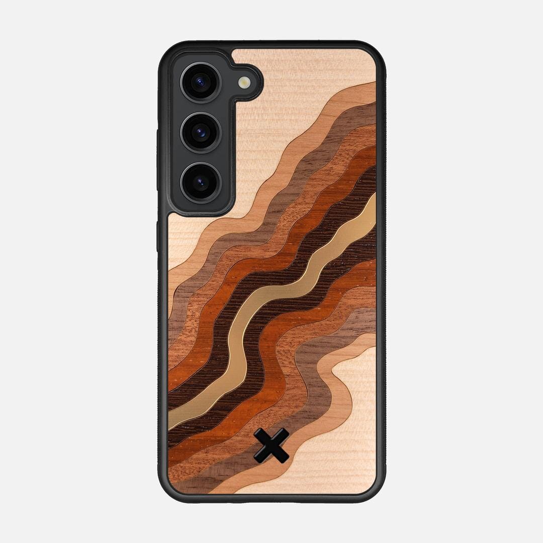 Canyon Case for the Samsung Galaxy S23 featuring a flowing Gold, Maple, Cherry, Walnut, Sapele, Padauk, and Wenge Wood backer with the Keyway X Mark#Phone Model_Galaxy S23