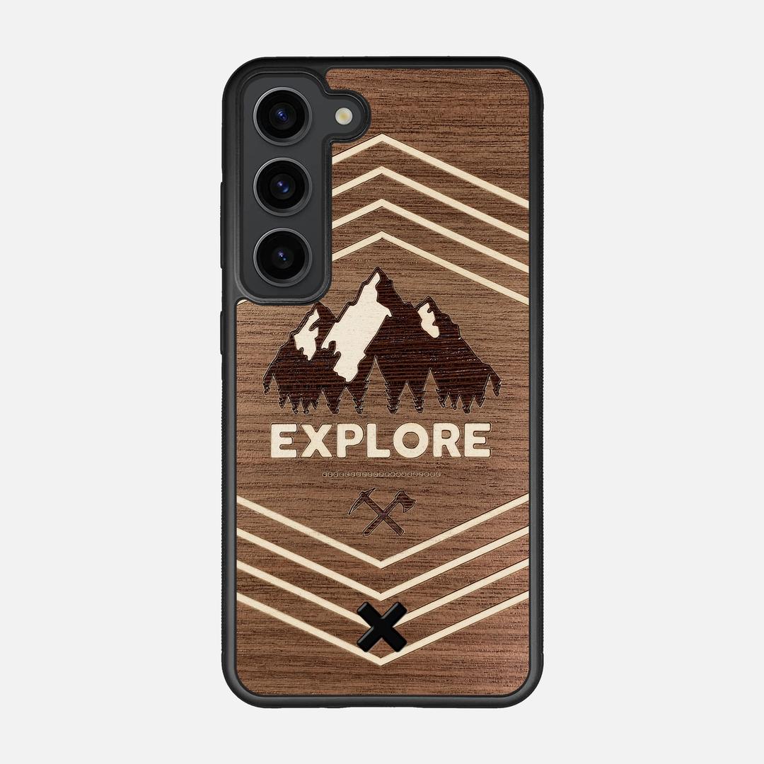Explore Case for the Samsung Galaxy S23 featuring a Wenge and Maple Mountain Range inlay on a Walnut Wood backer with the Keyway X Mark#Phone Model_Galaxy S23