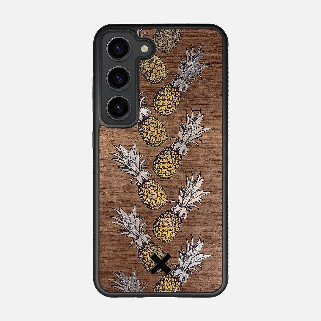 Pineapple Case for the Samsung Galaxy S23 featuring a repeating gold and silver Pineapple inlay on a Walnut Wood backer with the Keyway X Mark#Phone Model_Galaxy S23